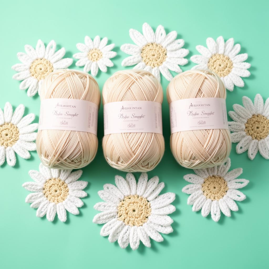 Cream yarn balls with crocheted daisies